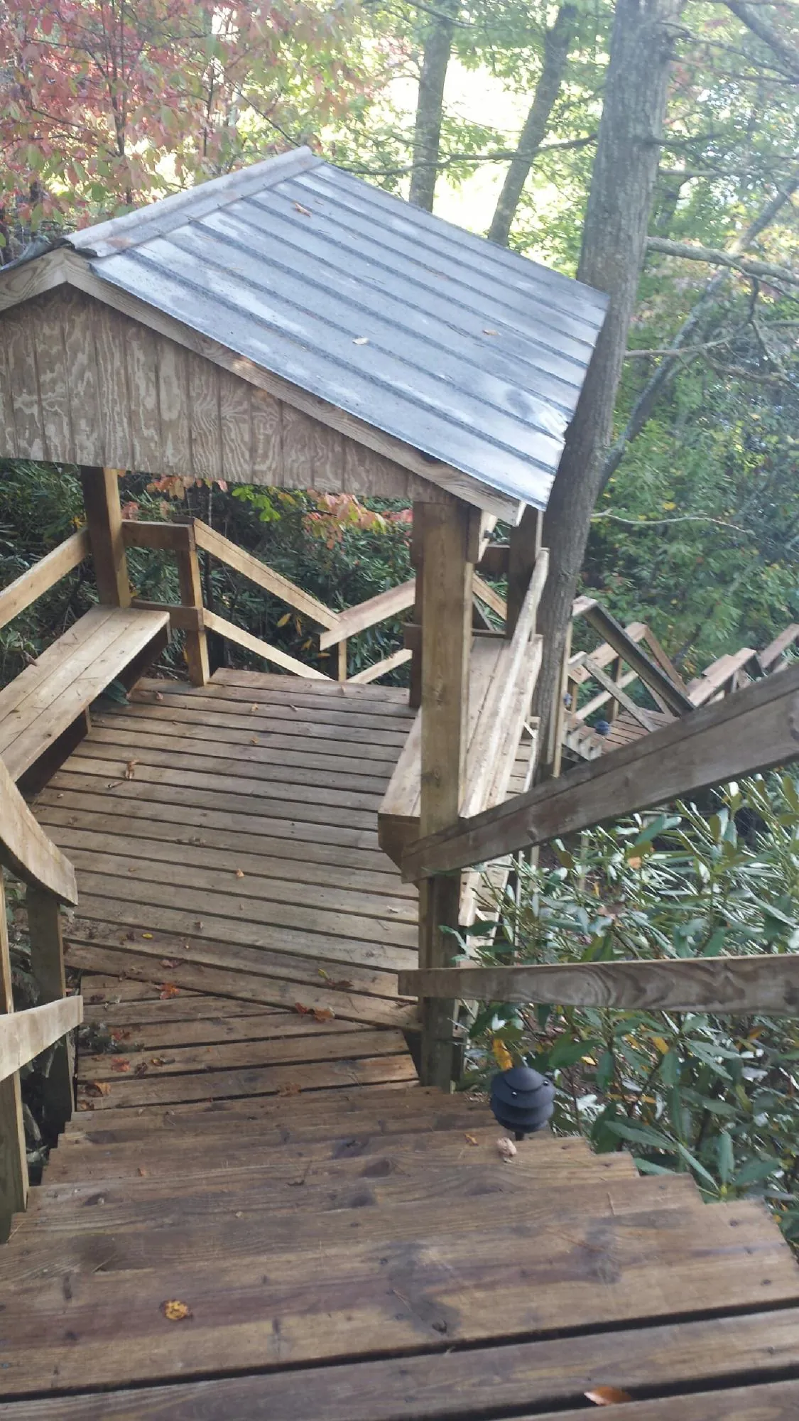 Metal roofed shelter over wooden steps on a wooded walkway — Skylight Repair & Installation work by our crew in Waddy
